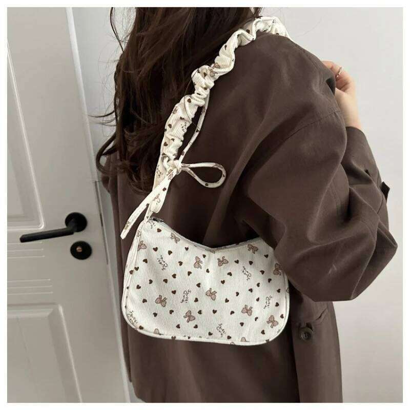 Women Small Underarm Bag Corduroy Handbag Cute Bowknot Print Little Tote Half Moon Design Eco Cloth Purse Mini Shoulder Bags New Y260205