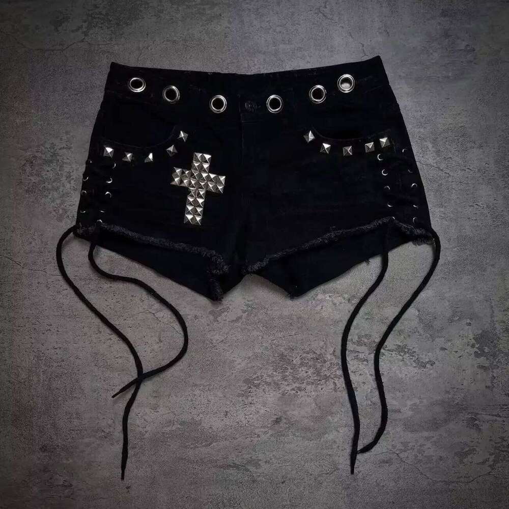 Women's Punk Studded Shorts - Cross Rivet Detail Lace-Up High Waist Ripped Black Streetwear Summer Hot Pants Y2K EMO XJ260206