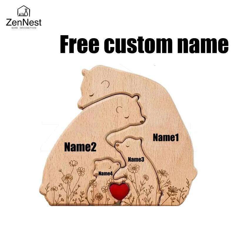 Artistic Wooden Little Bear Family Personalized Name Puzzles, Thanksgiving Christmas Gifts, Home Tabletop Decorations S260204