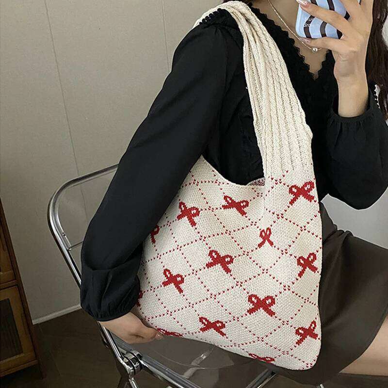 Designer Beach Shoulder Women Crochet Tote Large Capacity Bow Pattern Knitted Shopping Bag Traveling Handbag Y260205