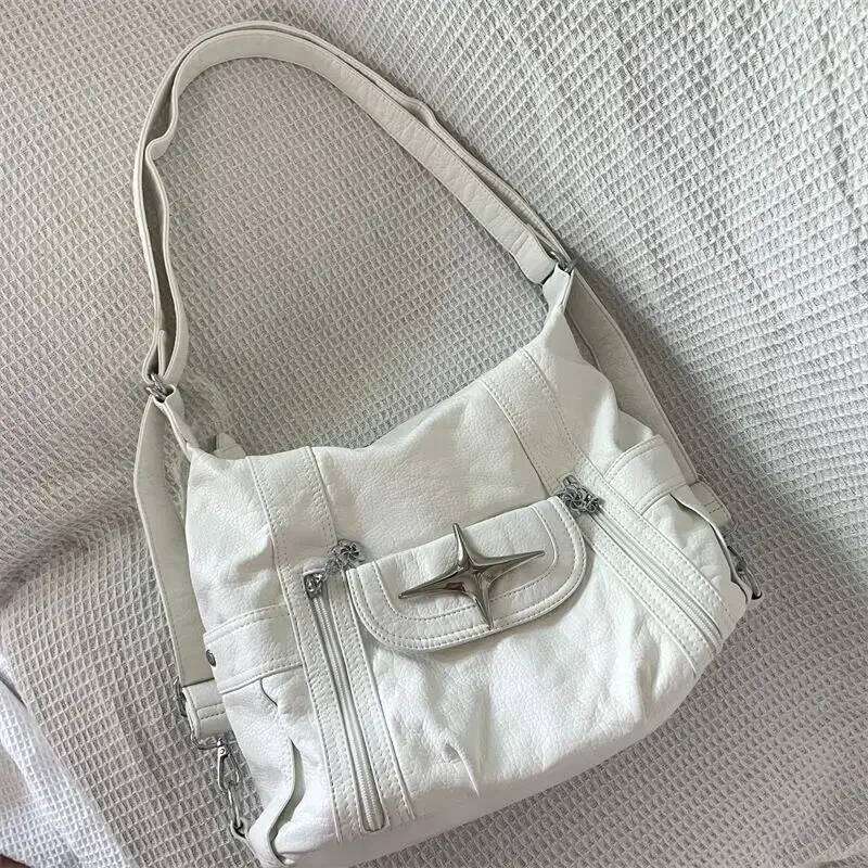 Y2k Large Capacity Shoulder White Pu Leather Star American Style Punk Goth Fashion Simple Handbag Tote Bag Z260207 - view 5