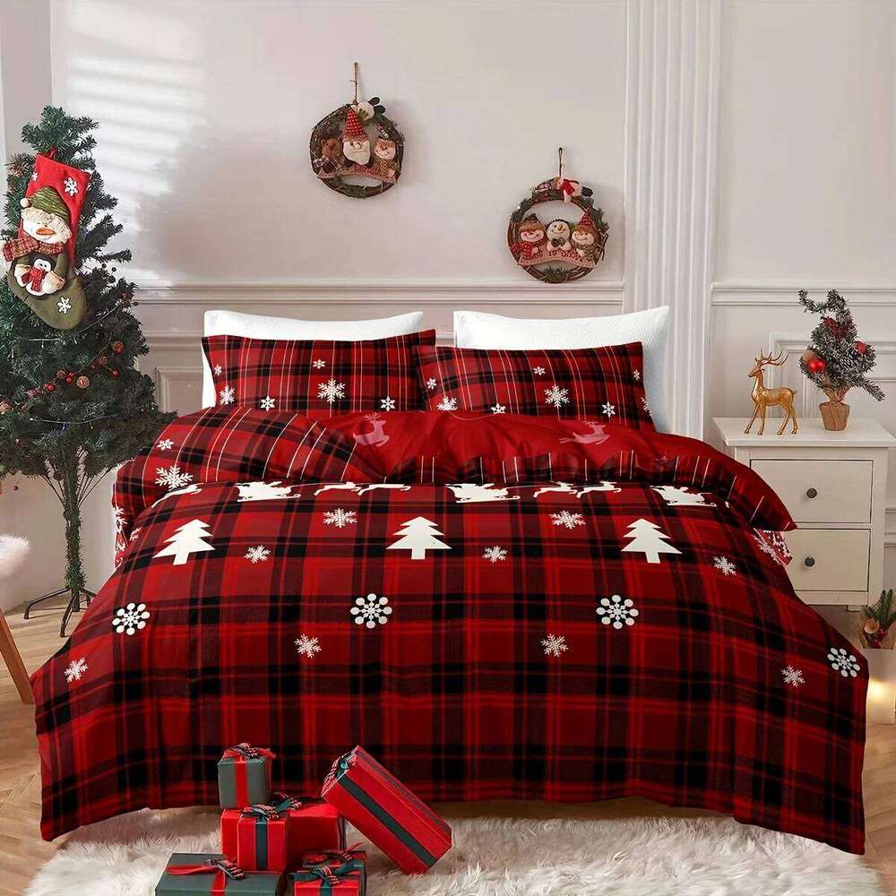 3-Piece Christmas-Themed Duvet Cover Set Soft, Breathable, and Hypoallergenic Fabric - Checkered Elk Snowflake Print Design, P XJ260206