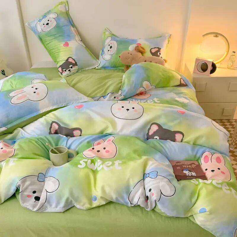 Cute Bear Bedding Set No Filler Full Queen Size Duvet Flat Sheet Pillowcase Kids Adults Fashion Soft Comforter Cover XJ260206
