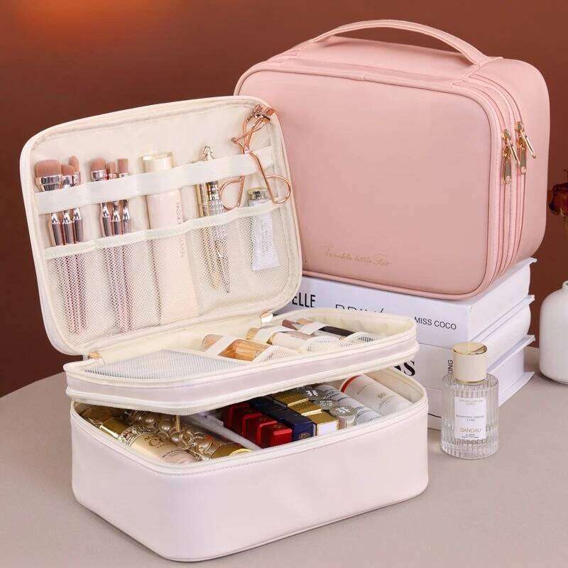 Double Layer Handheld PU Leather Makeup Bag Large Capacity Travel Cosmetic Organizer Toiletry Pouch for Beauty Tools Women Y260206