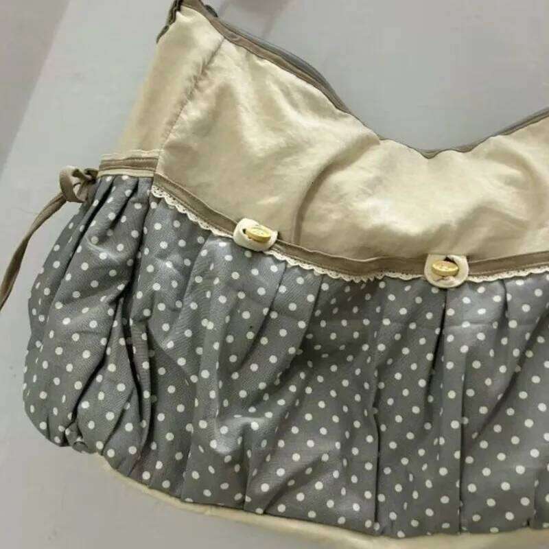 Japanese Retro Polka Dot Bow Tote Women Patchwork Large Capacity Shoulder Ladies Harajuku Sweet Cute Crossbody Bag Chic Y260205