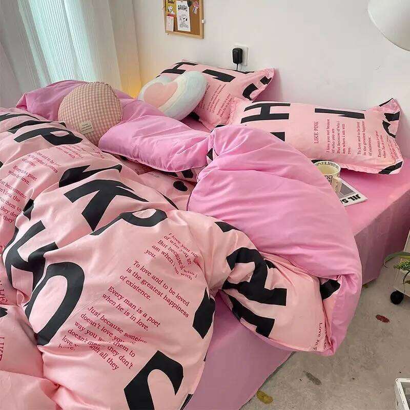 Korean Style Pink Letter Bedding Set Flat Sheet Pillowcase Twin Full Queen Size Bed Linen Women Girls Duvet Cover No Filling XJ260206