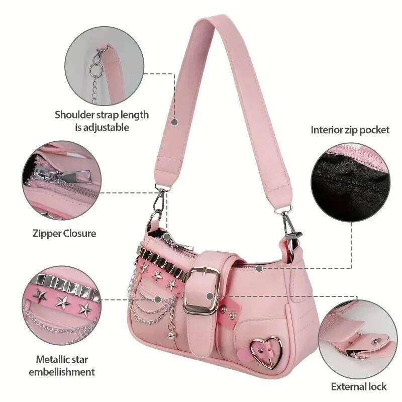 Y2k Women's Korean Style Shoulder Bag with Detachable Chain Strap Star Accents Zipper, PU Crossbody Bag, Versatile Travel Purse Y260205