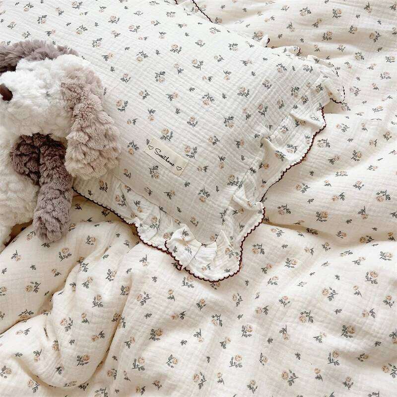 INS Princess Ruffle Edge Gauze 100% Cotton Pillow Case Breathable Duvet Cover Without Filler 3PCS Floral Home Bedding Set XJ260206