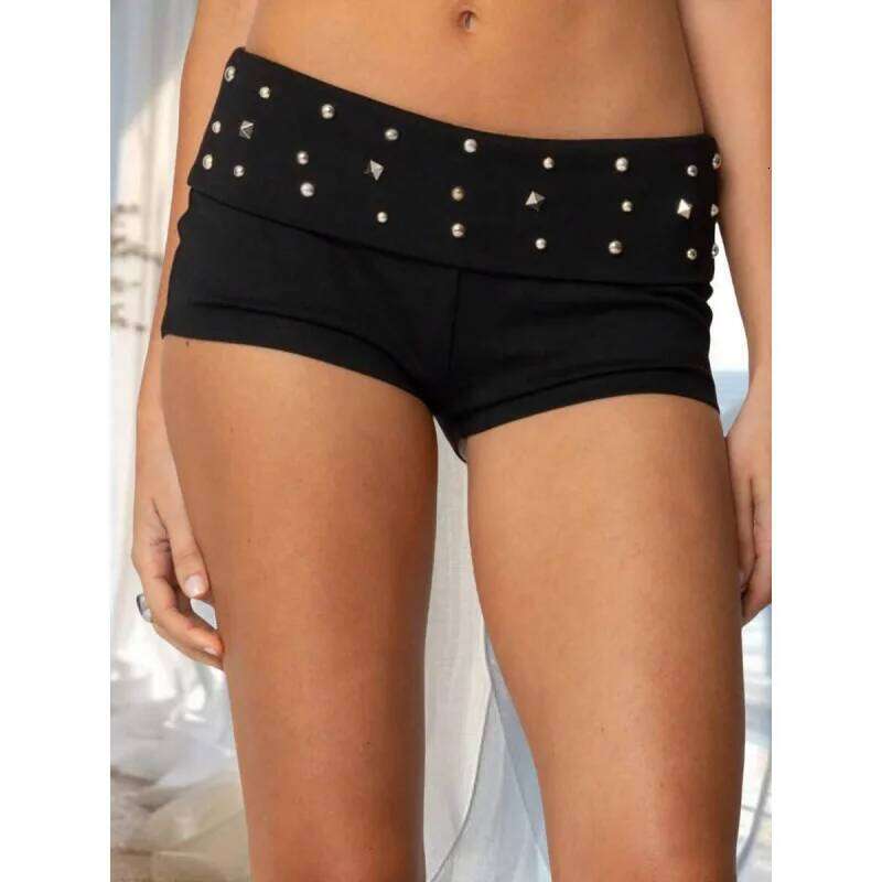 Y2g European and American Goths Punk Dark Rhinestone Short Skirt Black Sexy Hot Girl Versatile Low Waisted Shorts Women XJ260206