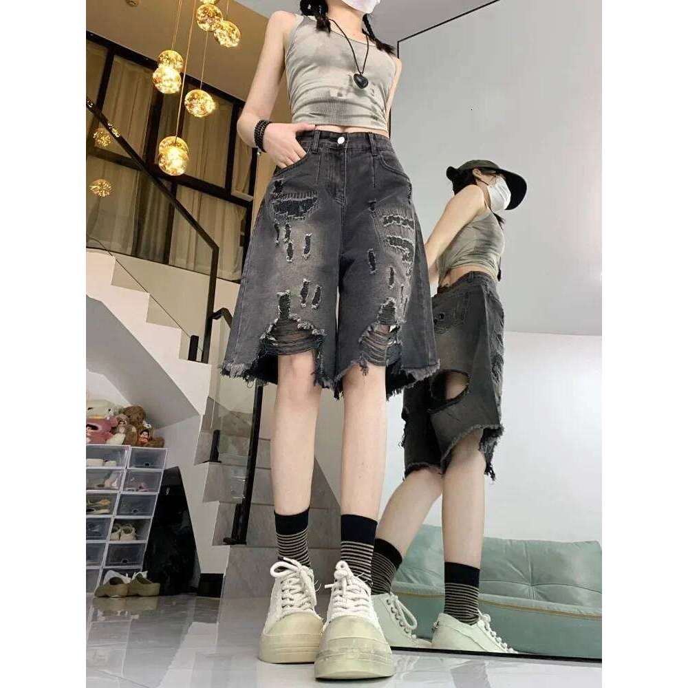 American Vintage Hole Denim For Women Summer High Waist Wide Leg Shorts 2025 New Loose Straight Five-point Pants XJ260206