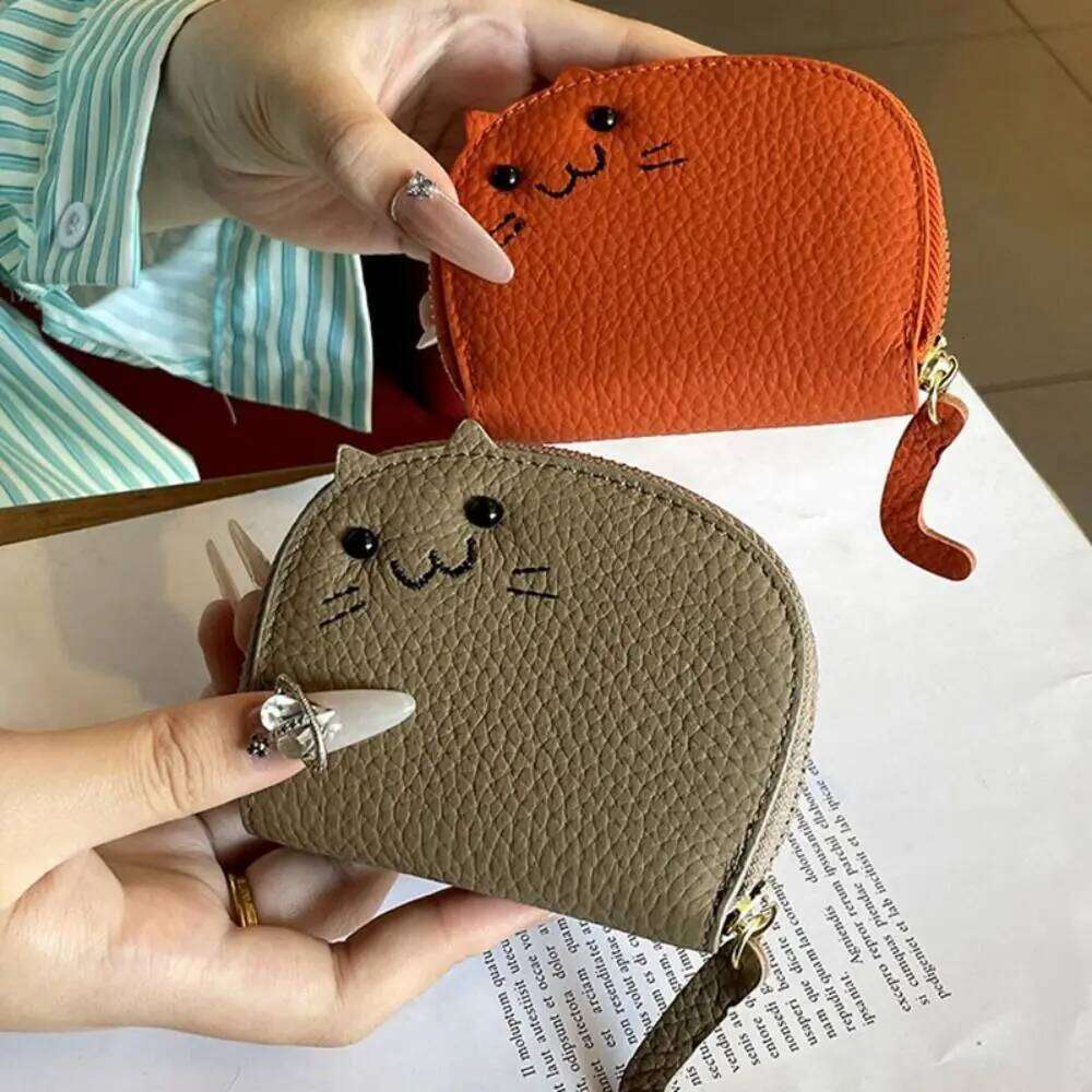 Cartoon Cat Mini Women PU Leather Card Holder Ultra-thin Cute Zipper Wallet Fashion Simple Small Coin Purse Y260206