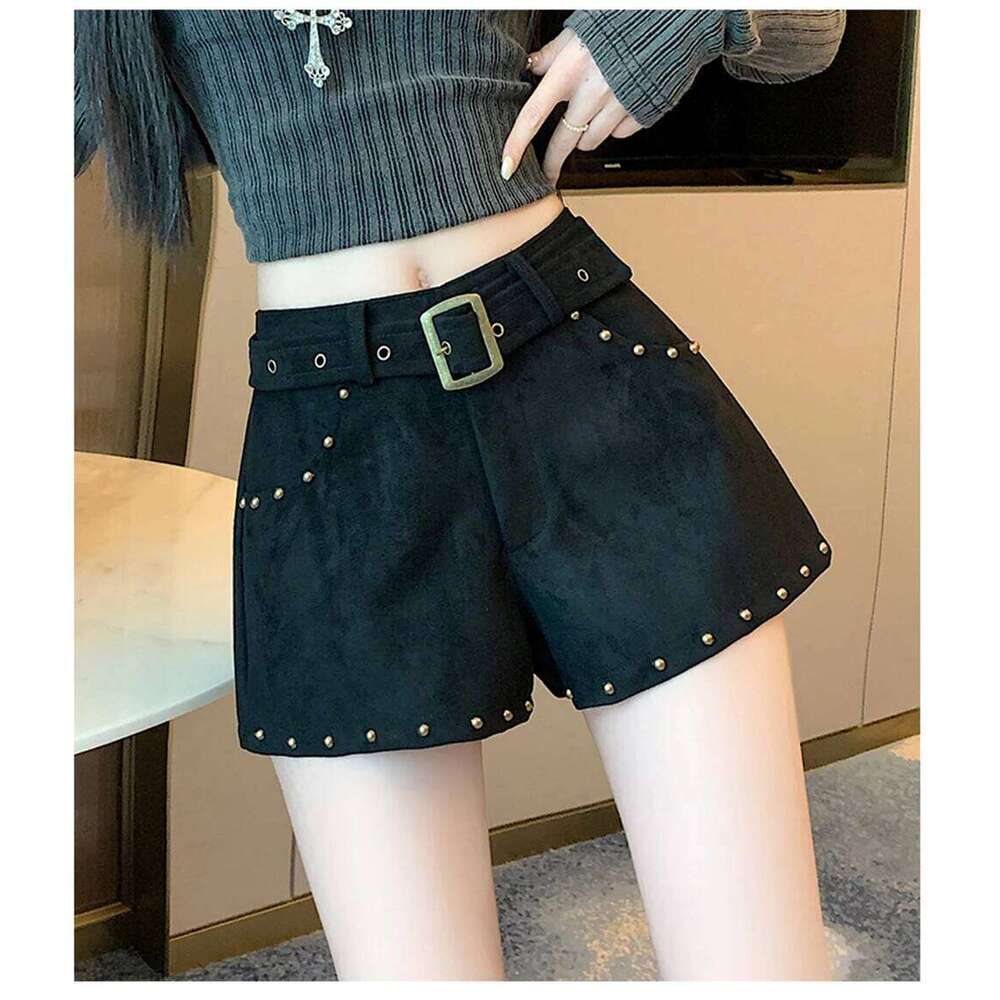 American Style Rivets Suede Women's Short Pants 2025 Autumn Winter New High Waist Slim Fit Hot Girl Trendy A-Line Chic Shorts XJ260206