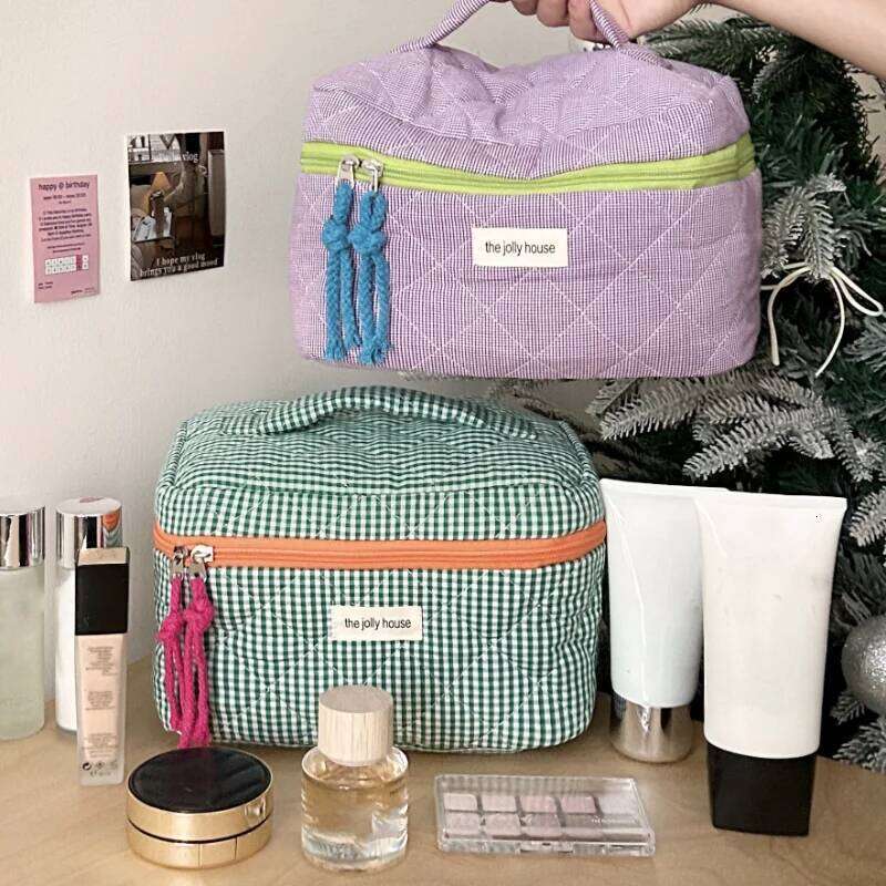 Ladies' Color Blocking Checkered Women's Ins Large Capacity Makeup Brush Storage Bag Skincare Toiletry Wash Case Y260206