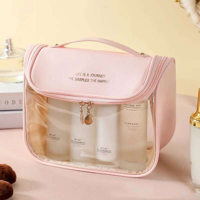 Women Transparent Waterproof PVC Cosmetic Travel Toiletry Organizer Tote with Hook Makeup Storage Bag for Holiday Gifts Y260206
