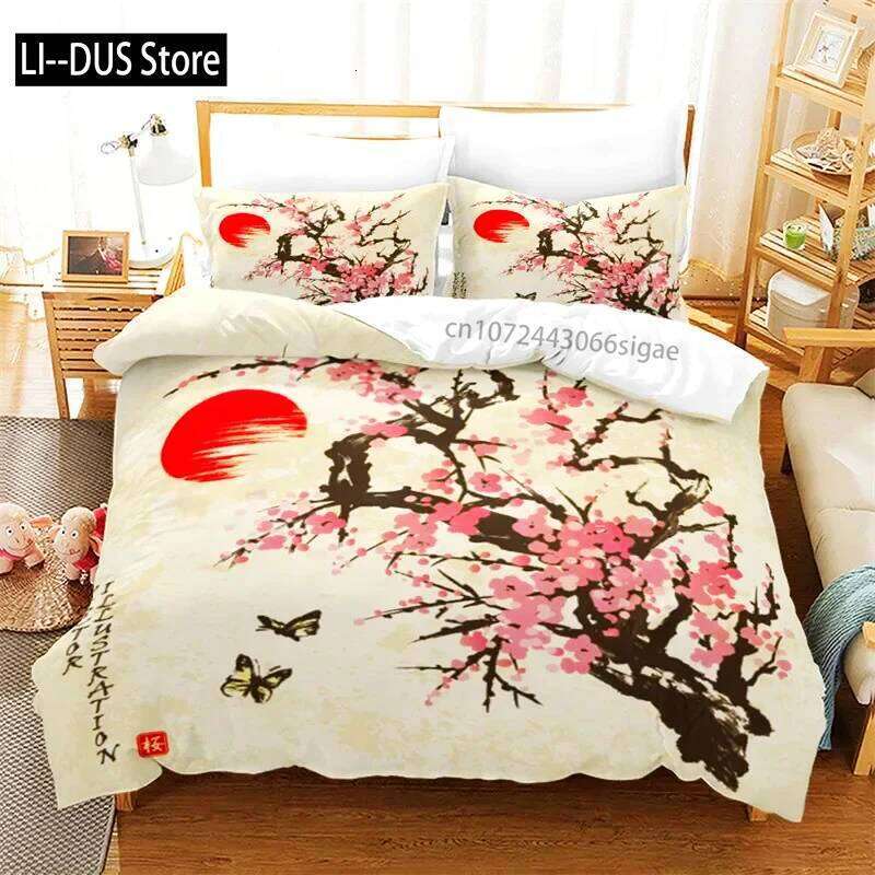 Ink Painting Duvet Japanese Style Mount Fuji Comforter Cover Red Cherry Blossoms Print Bedding Set For Adults Teens Girls XJ260206