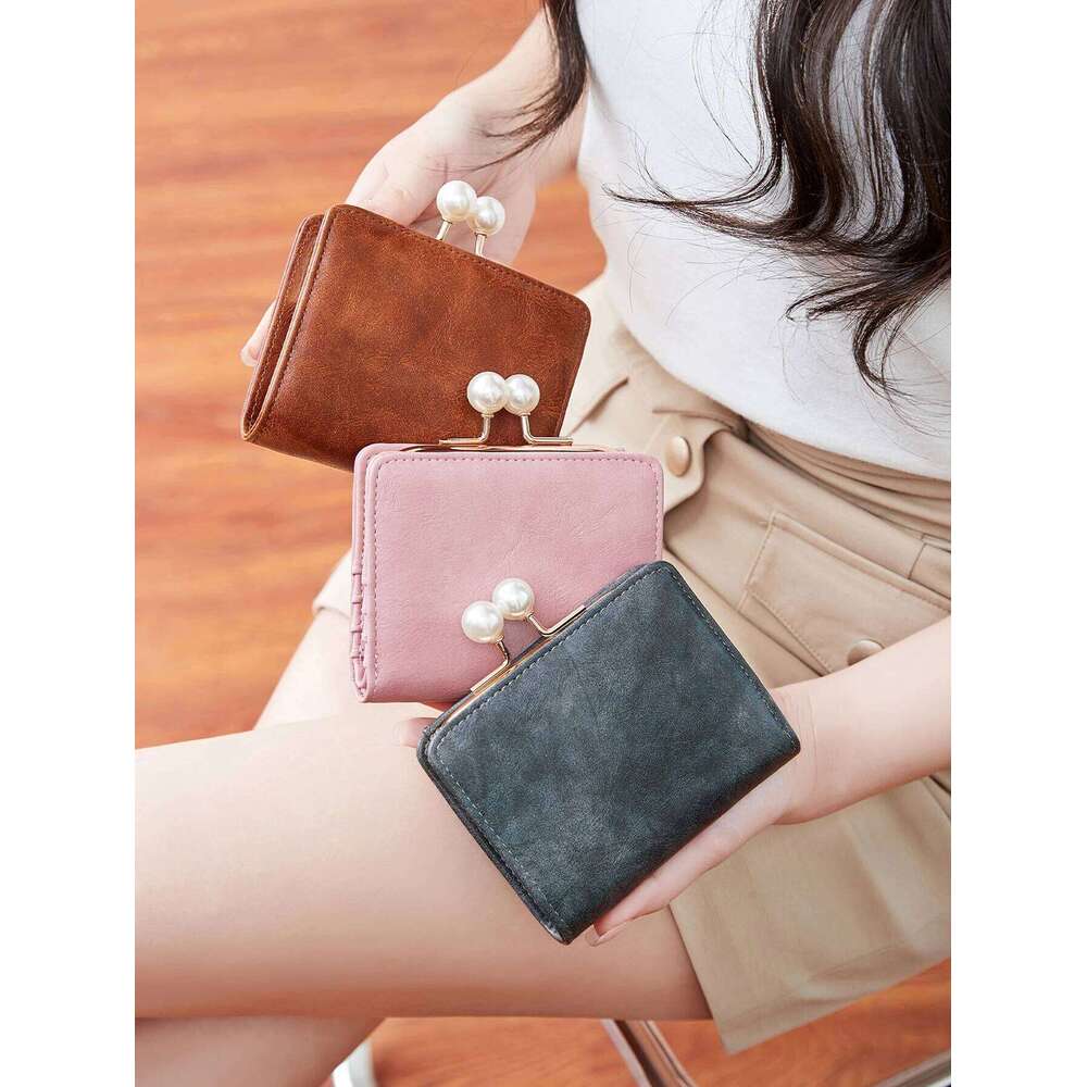 Women's Cute Pearls Kiss Lock multifunctional Trifold Large Capacity Short Wallet fashion PU Leather Coin ZeroWallet Y260206