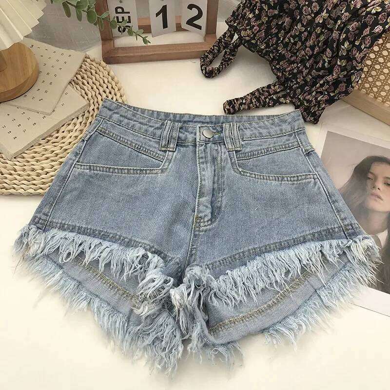 2026 Summer New Women's High Waist Tassel Denim Jeans Ruffled Fringe Perforated Hot Pants Shorts XJ260206