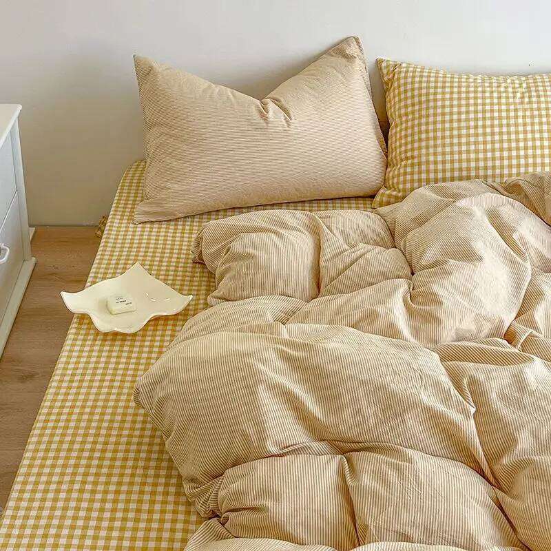 Nordic Duvet Cover with Zipper Simple Plaid Flat Sheet Pillowcases No Filler Pink Blue Hotel Twin Queen Size Bedding Set XJ260206