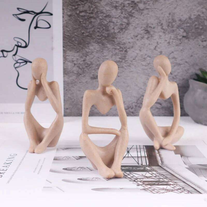 3-Piece Set Nordic Minimalist Sandstone Mini Thinker Sculpture - Home Decor Art Craft, Office Bookshelf, Bedroom Tabletop Decora S260204