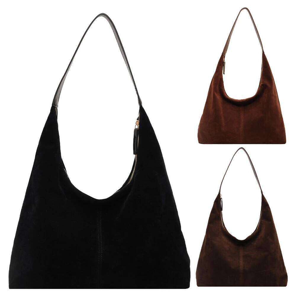 Women Suede Tote with Zipper Shoulder Large Capacity Hobo Solid Slouchy Commuter Travel Bag Y260205