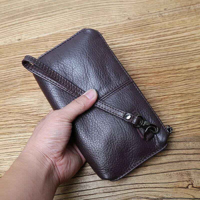 NZPJ Leather Leisure Man With Long Purse, Soft Leather, Hand Zipper, Money Chuck Layer, Cowhide Credit Card Bag, Cell Phone Bag Y260206