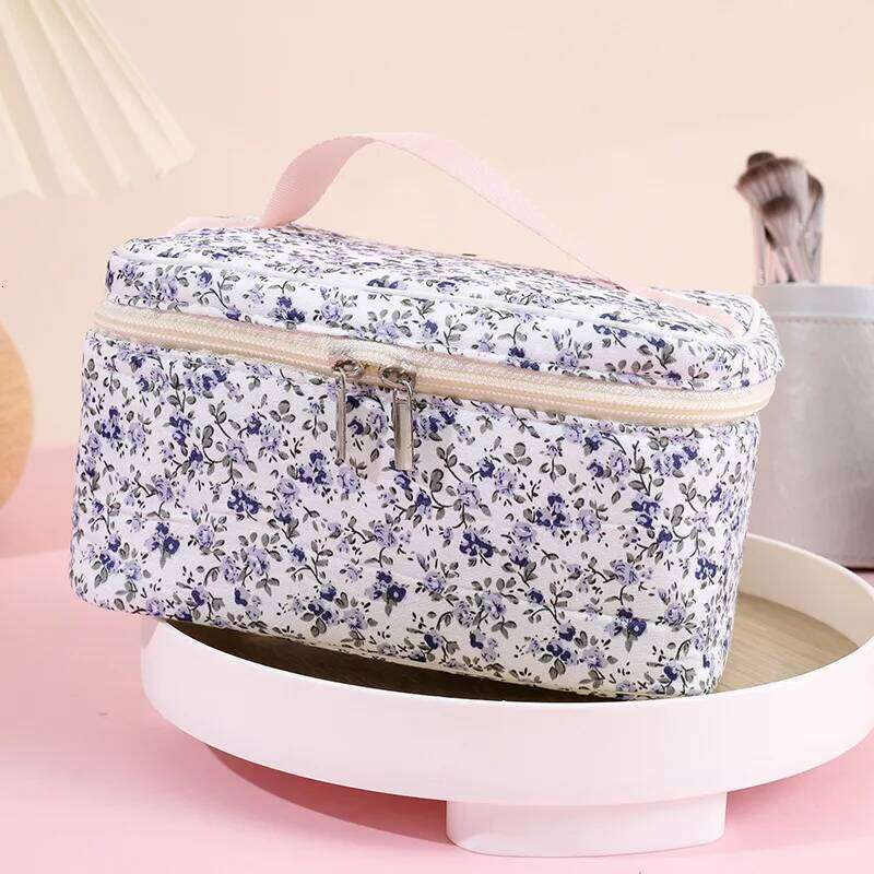 Women's Fashion Floral Square Makeup Storage Portable Toiletry Cosmetic Pouch Handbag With Handle Ladies Zipper Clutch Bag Y260206