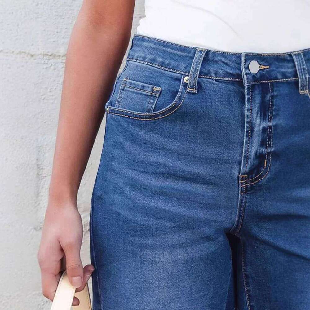 Denim Shorts Distressed Women Jean High Waist Trousers Knee Length Spliced Zipper Fly Washed Solid Pockets Casual Summer XJ260206