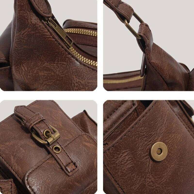 Retro Women's PU Leather Handbag Fashion Dinner Underarm Winter Maillard Style Large Capacity Multi Pocket Shoulder Bag Y260205