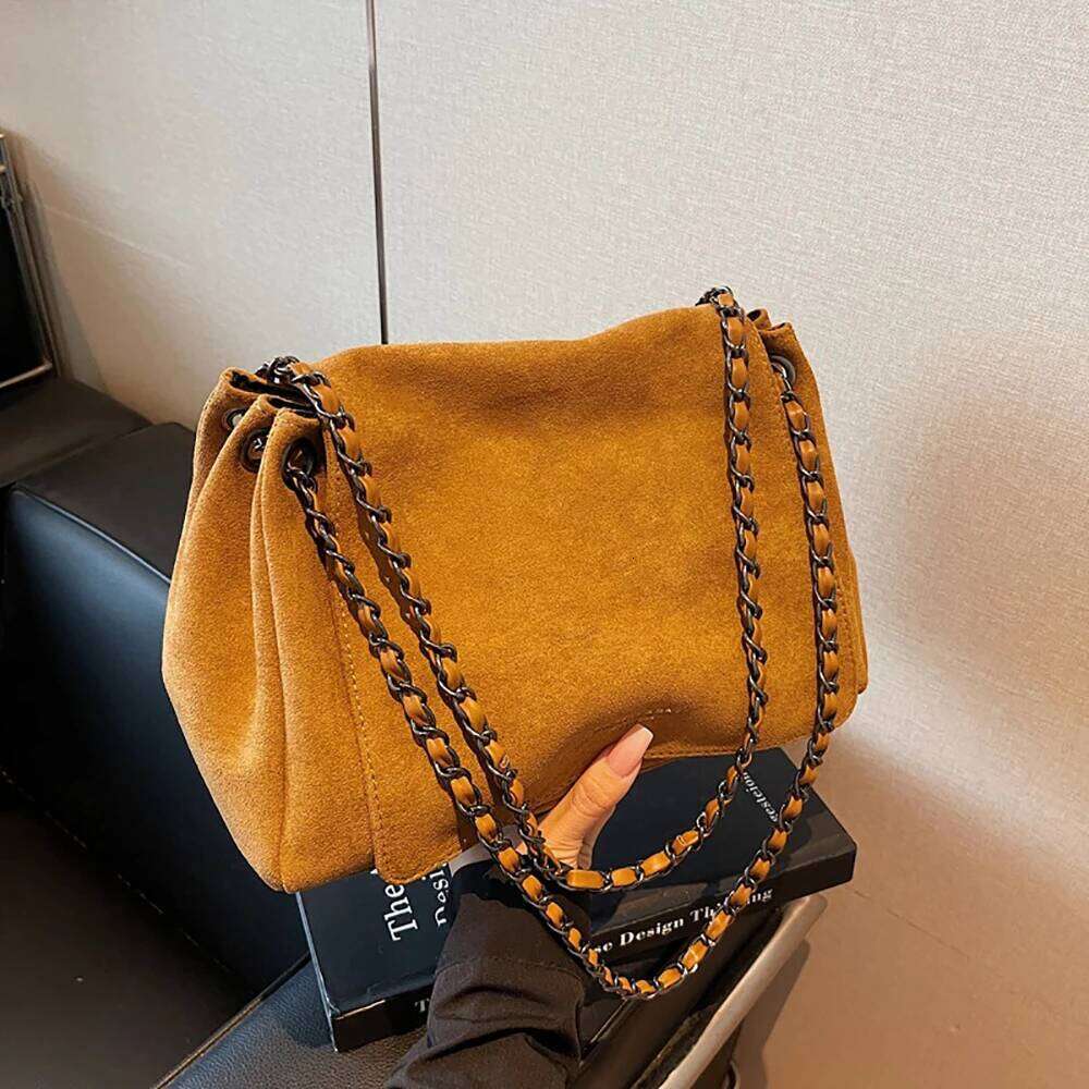 Women Vintage Suede Chain One Shoulder Bag Autumn Winter Solid Square Buckle Versatile Crossbody Bags Commute Underarm Packs Y260204