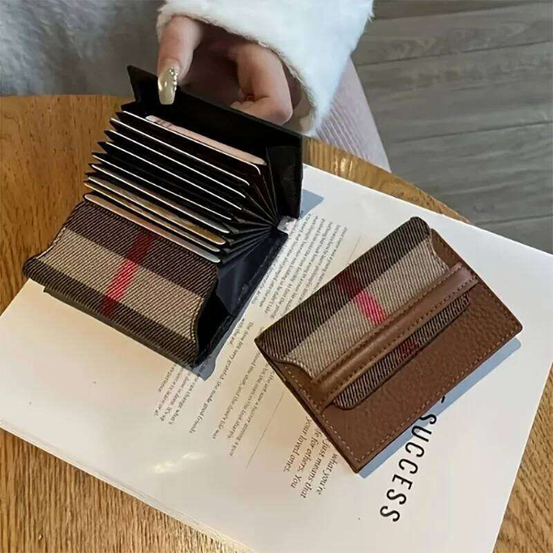 1pc Genuine Leather Vintage Card Holder for Women Stylish Multi-Slot Wallet with Snap Closure, Brown & Beige Plaid Design Y260206