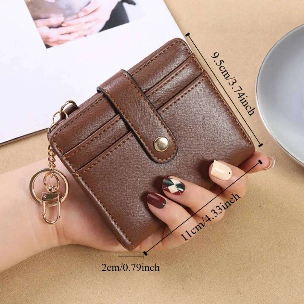 Simple Holder Short Trifold Wallet PU Leather Portable Hangging Card Bag Multifunction with Keychain Pocket Purse Outdoor Y260206