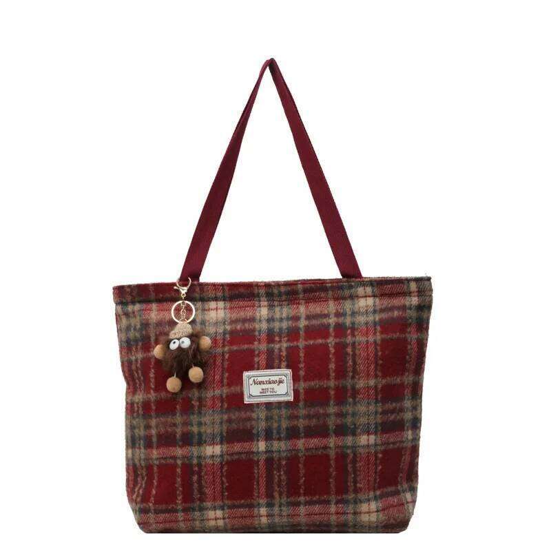 Vintage Plaid Wool Tote Spacious Handbag Shoulder Bag, Stylish, Adorable Handbags, Perfect for Commuting or Casual Outings Y260205