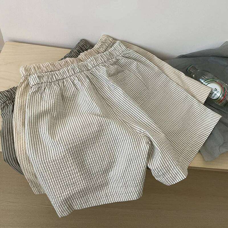 Unisex Summer Shorts Striped Thin Loose Wide Leg Casual Hot Pants Indoor Outdoor Versatile Wear XJ260206