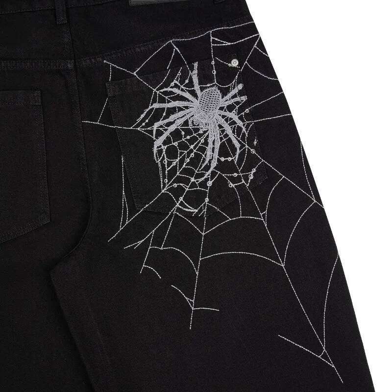Y2K man Spider web embroidery vintage pattern wide leg pants American style street wear Rock Hip Hop Denim jeans X260207