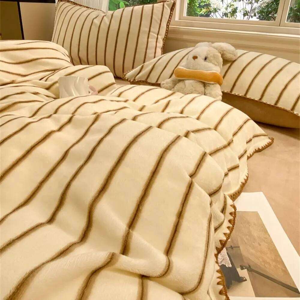 Milk Velvet Bedding Queen Thickened Stripe Duvet Set Bedroom Decor Winter Warm Soft 4 Piece Sets Quilt Cover Bed Sheet XJ260206