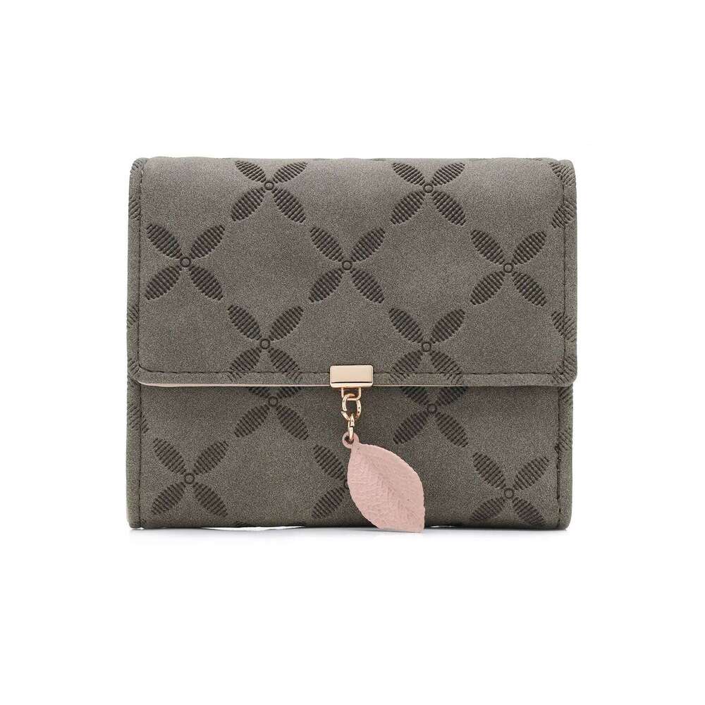 New women's short wallet Korean style PU rhombus leaf pendant three-fold bag multiple card slots clutch coin purse high quality Y260206