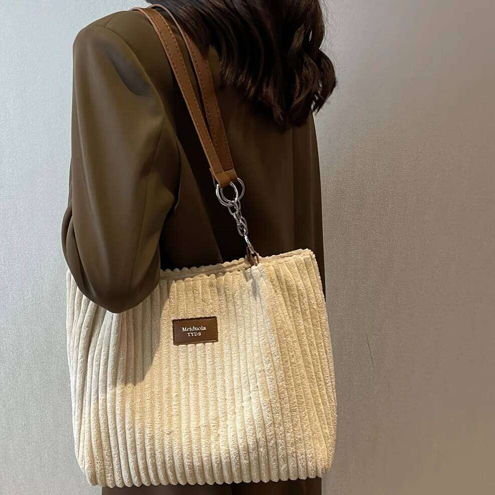 Women's Corduroy Bag, Solid Color Handbag, Fixed Shoulder Strap, Zipper Closure, Large Capacity, Simple and Fashion Z260207 - view 4