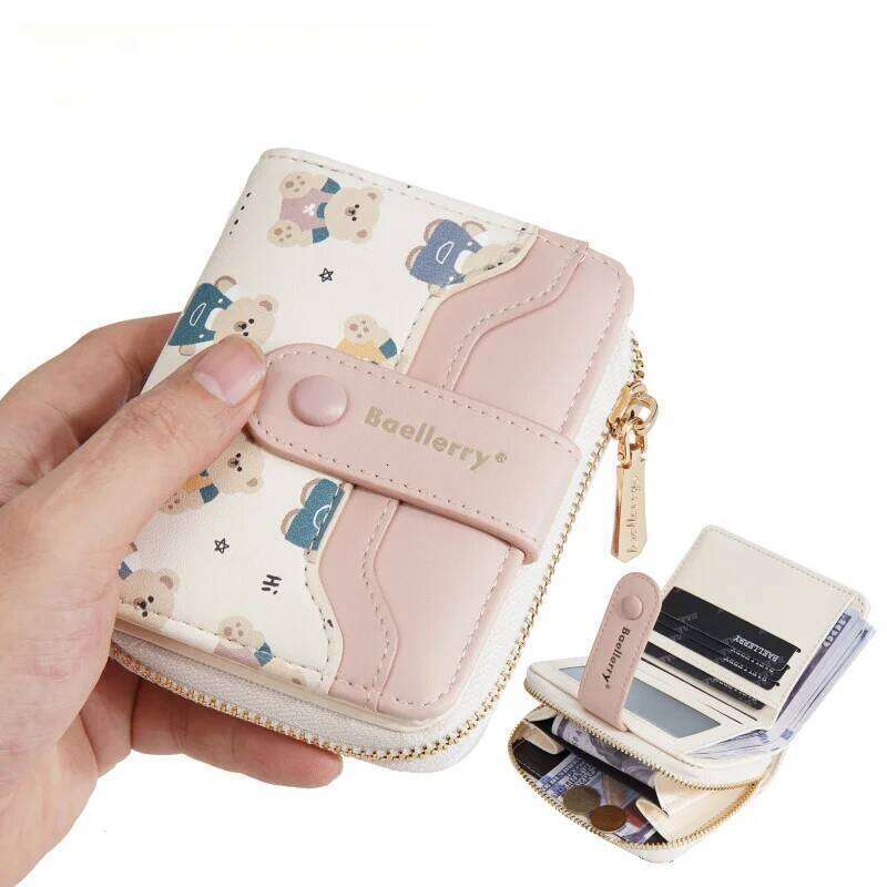 New Women'S Short Wallet Bear Print Multi-Slot Zipper Coin Purse Card Holder Bag Y260206
