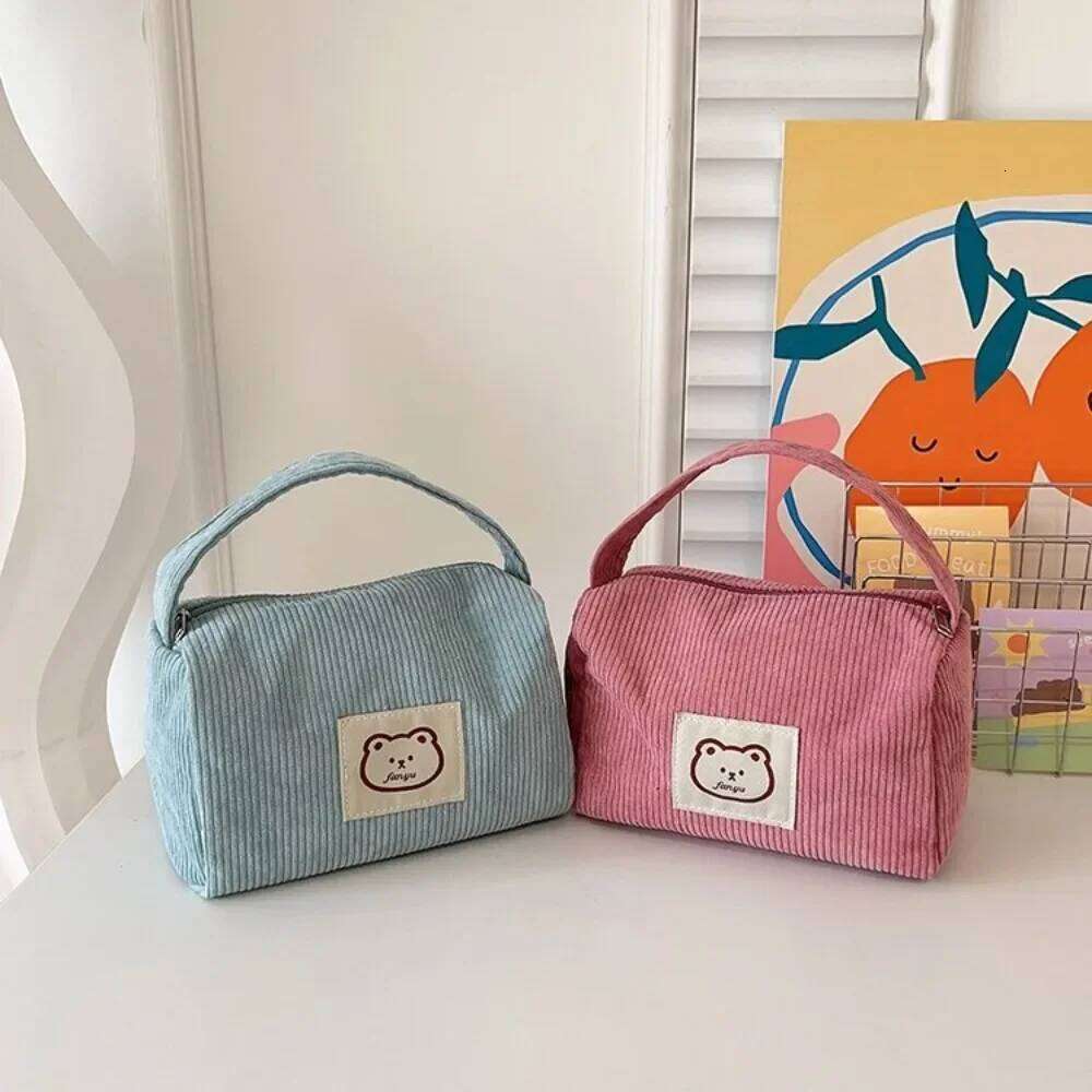 Bear Large Makeup for Women Corduroy Make Up Bags Zipper Pouch with Handle Cosmetic Organizer Toiletry Bag Y260206