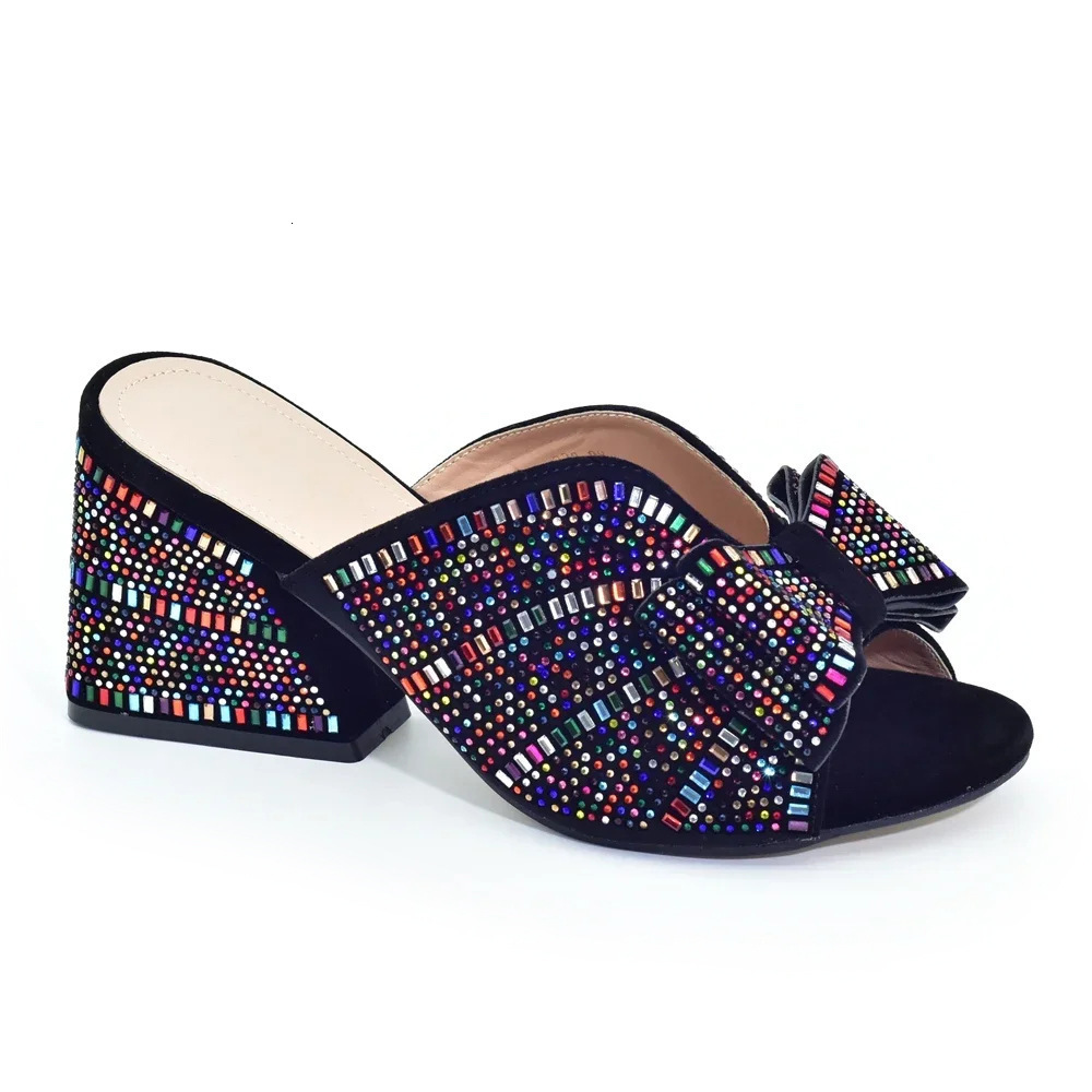 Fashion Latest Low Heel Womens Crystal Bow Slide Thick Shoes Rhinestone Sandals Casual Rhinestone Slide 207-1 240605