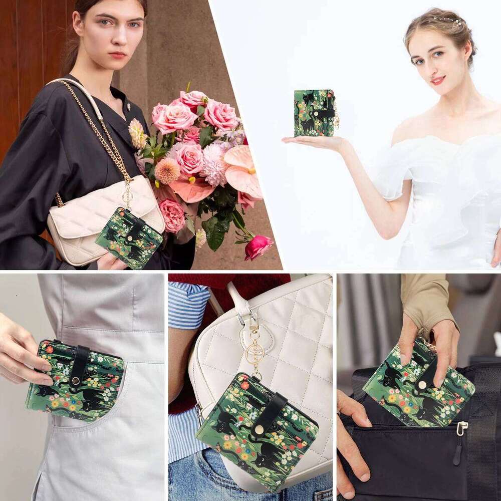 Black Cat Flower Pattern Rfid Women's Wallet, Ultra-Thin Compact Credit Wallet with Key Chain, Pu Leather Folded Zipper Coin Bag Id Card Transpar