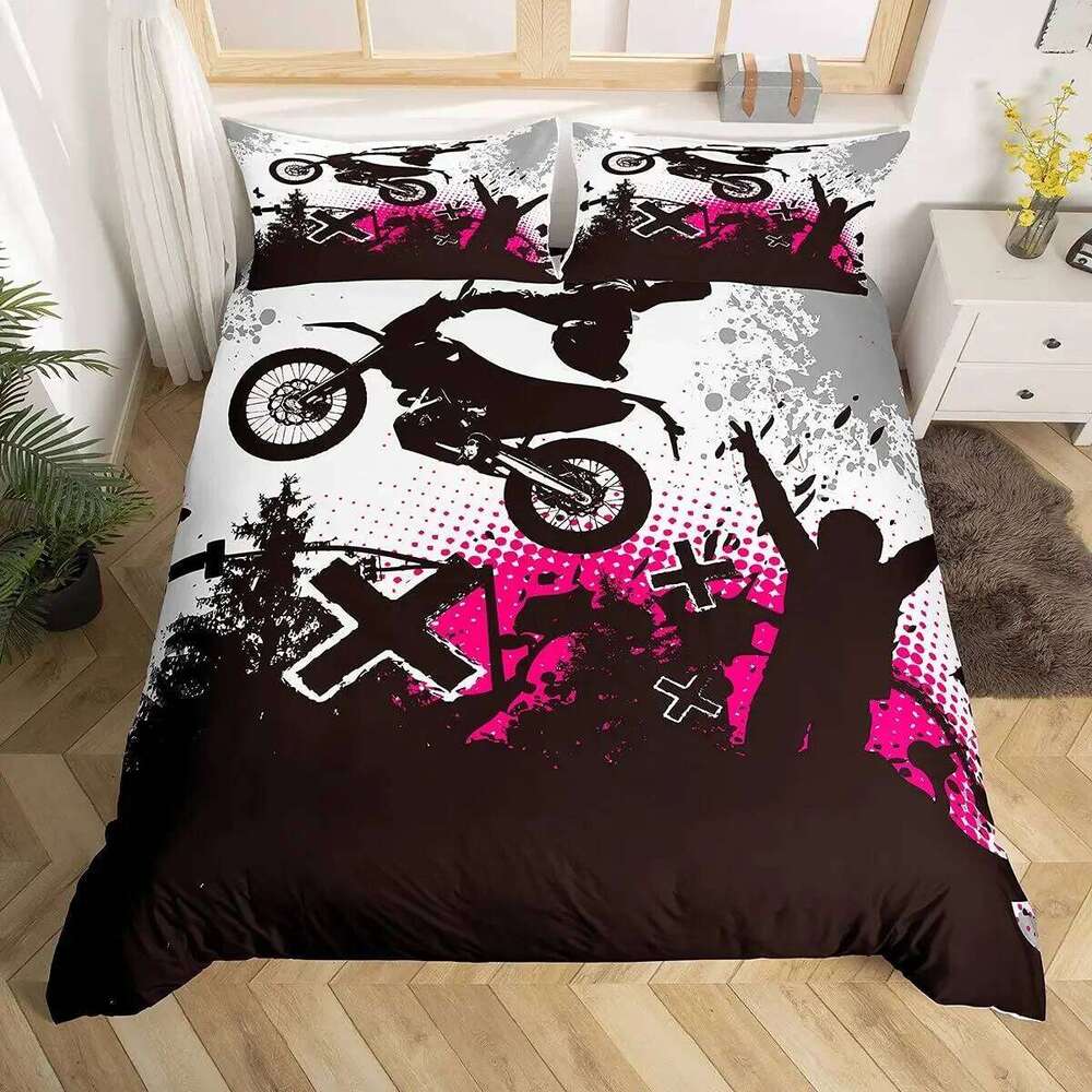 3pcs Cool Motorbike Bedding Set Dirt Bike Duvet Twin Motocross Rider Comforter Cover Extreme Sports For Boys Adults XJ260206