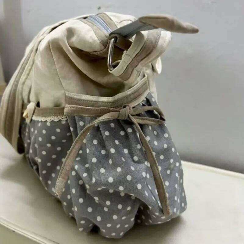 Japanese Retro Polka Dot Bow Tote Women Patchwork Large Capacity Shoulder Ladies Harajuku Sweet Cute Crossbody Bag Chic Y260205