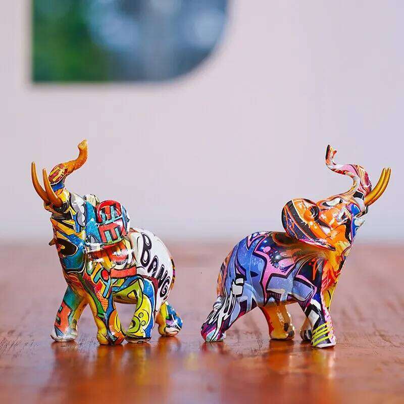 Resin Colorful Transfer Printed Elephant Figurines Modern Art Ornaments Animal Feng Shui Home Interior Office Decor Accessories S260204