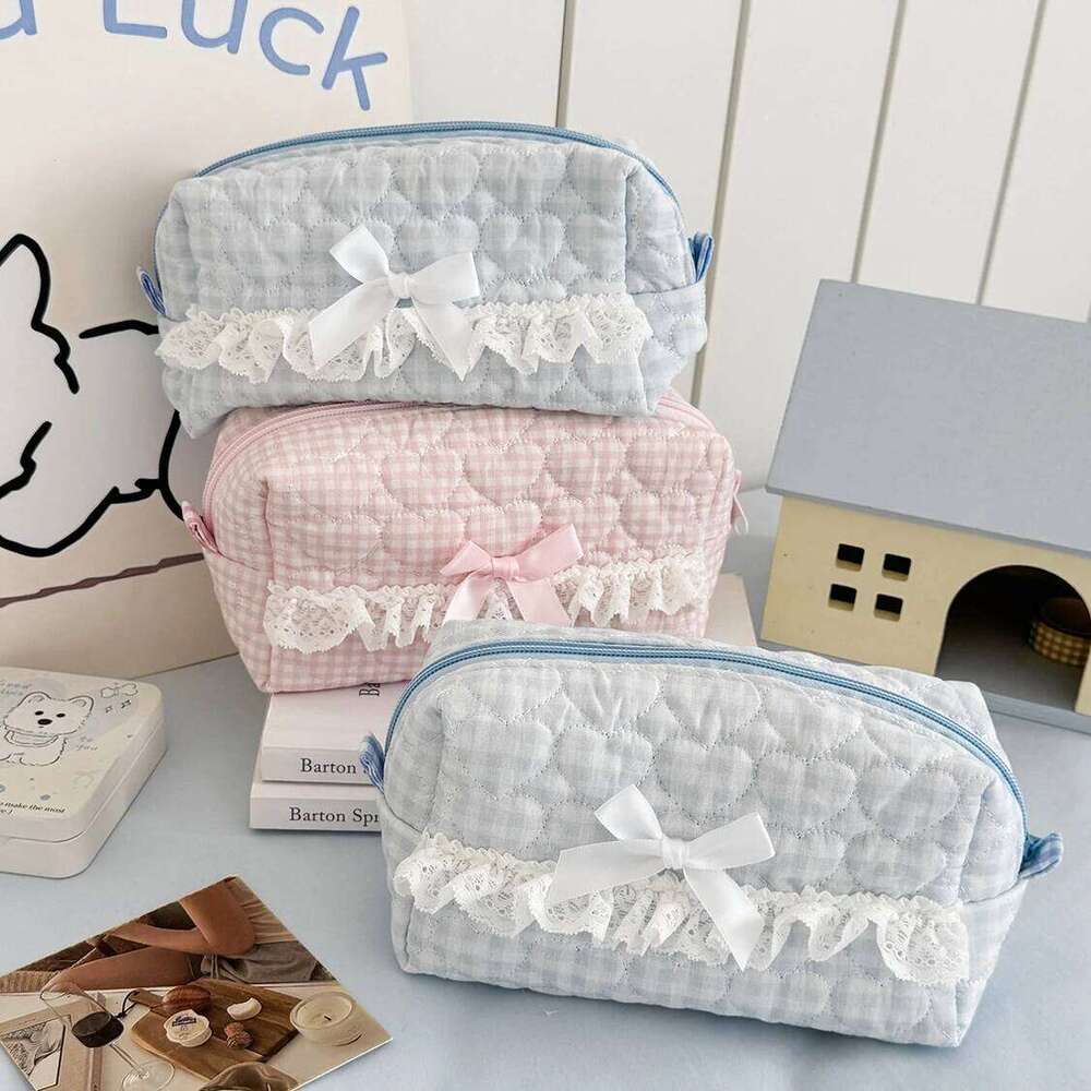 New Fashion Lace Bow Women Makeup Handbag Large Capacity Cosmetic Storage Pouch Portable Travel Organizer Square Zipper Bag Y260206
