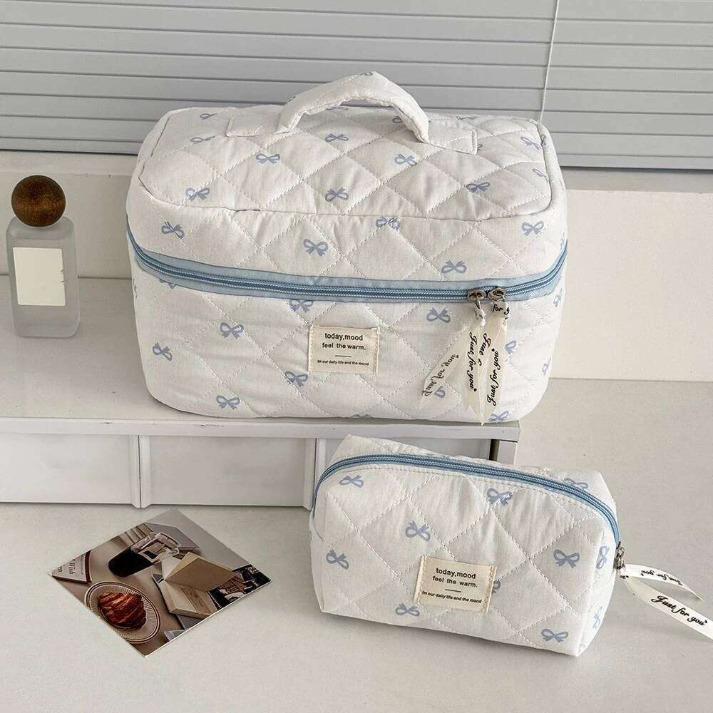 Blue Bow Quilted Women Cosmetic Bag Sets Large Capacity Makeup Handbag Travel Pouch 3 Type Ladies Zipper Organizer for Bags Y260206