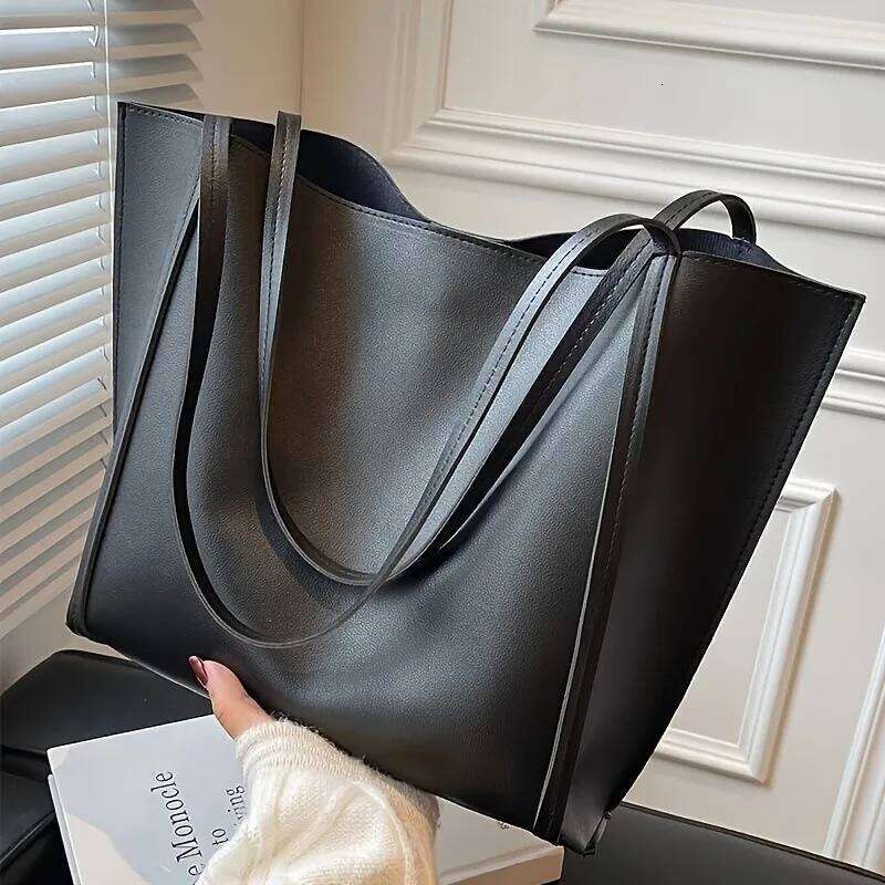 Women's Large Capacity Lightweight Tote Bag Elegant Black Synthetic Shoulder Bag, Spacious Work Travel Handbag for Everyday Use Y260204
