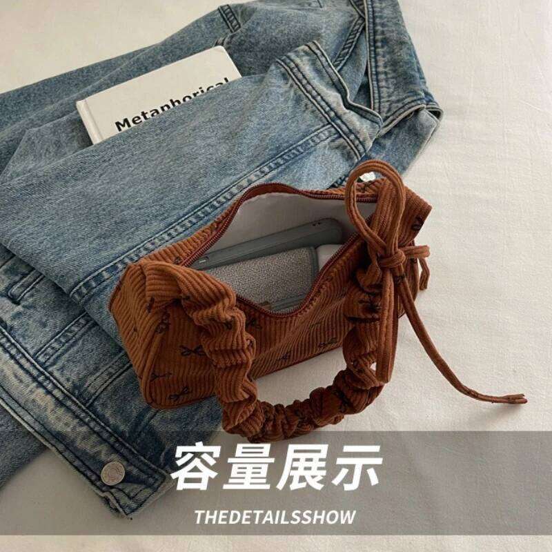 Casual Bow Women Corduroy Shoulder Bags Lightweight Portable Ladies Underarm Bag Saimple Female Pleated Strap Handbags Purse Y260205