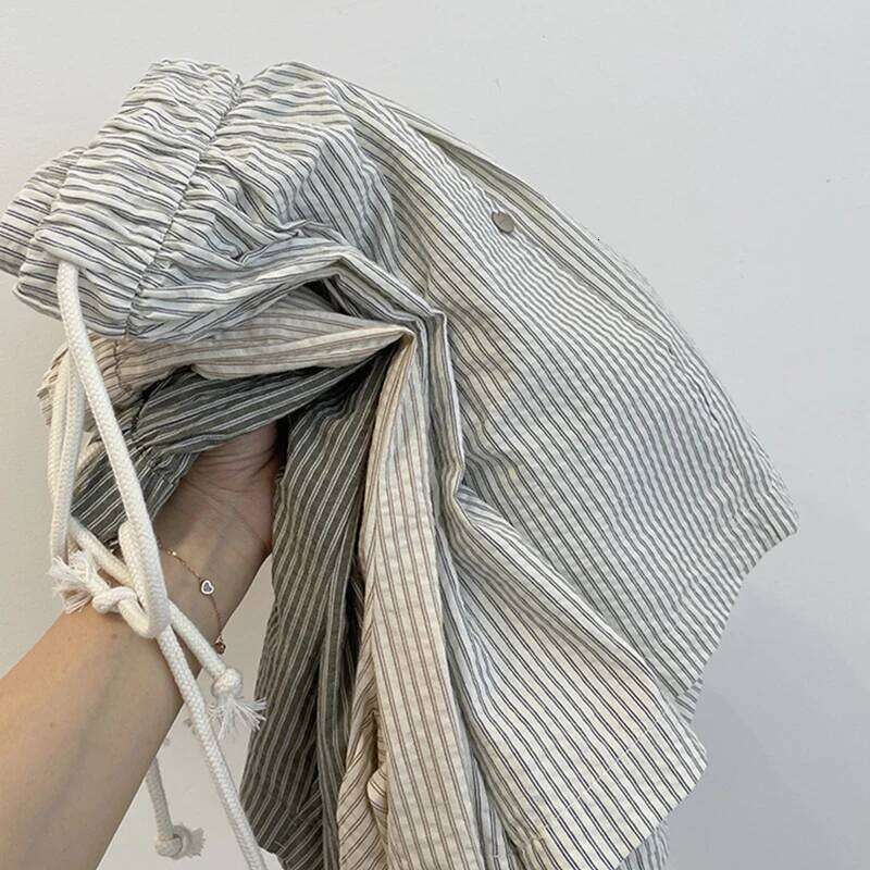 Unisex Summer Shorts Striped Thin Loose Wide Leg Casual Hot Pants Indoor Outdoor Versatile Wear XJ260206