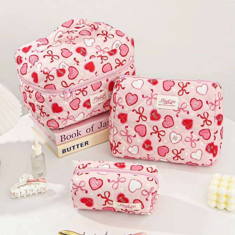 Fashion Cherry And Bow Pattern Large Capacity Heart Travel Cosmetic Storage Bag Zipper Makeup Organizer Pouch Y260206